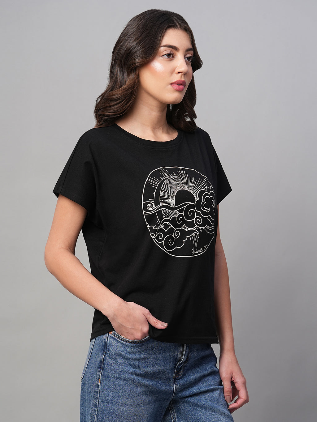 Women's Black 100% Cotton Regular Fit Tshirt