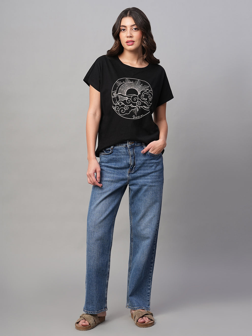 Women's Black 100% Cotton Regular Fit Tshirt