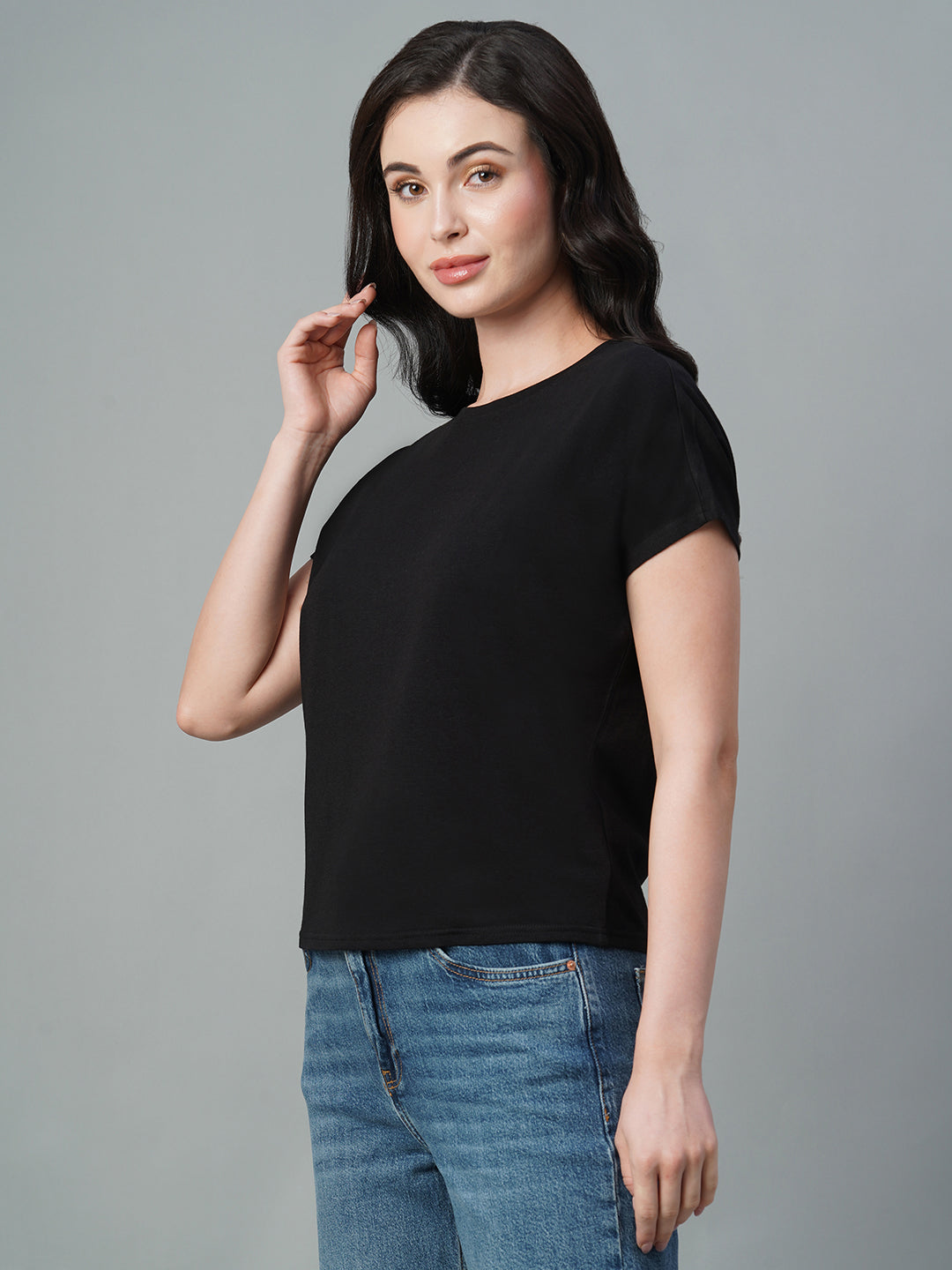 Women's Black Cotton Bamboo Elastane Regular Fit Tshirt