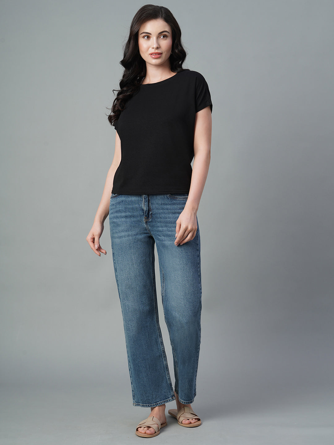 Women's Black Cotton Bamboo Elastane Regular Fit Tshirt