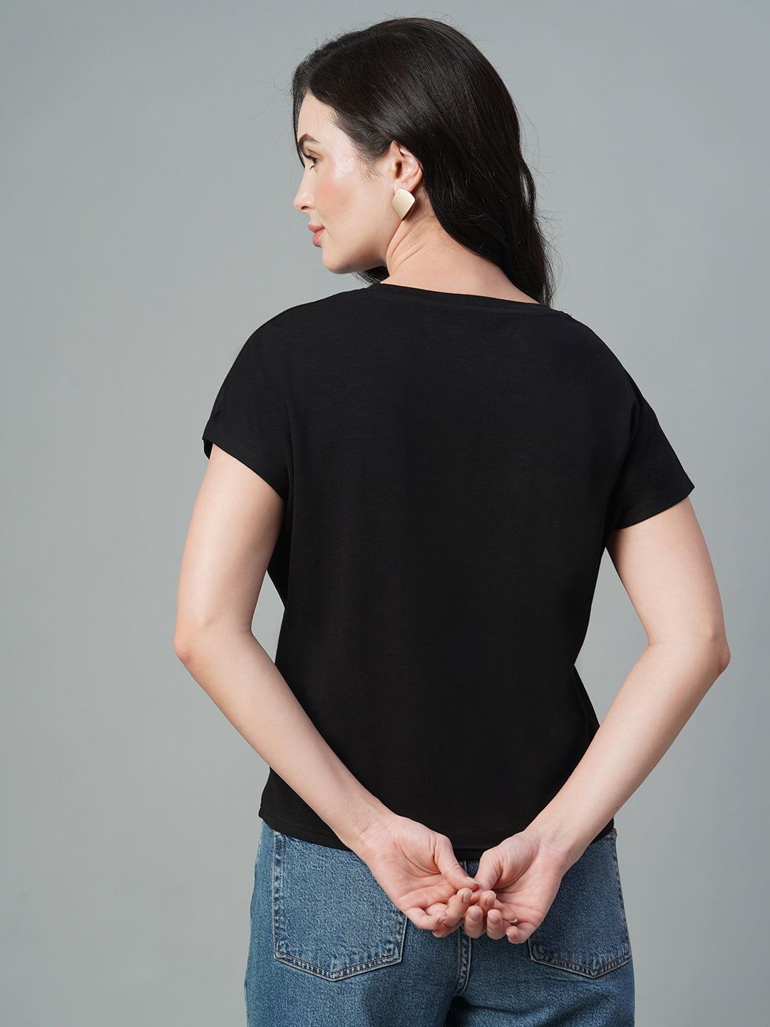Women's Black Cotton Bamboo Elastane Regular Fit Tshirt