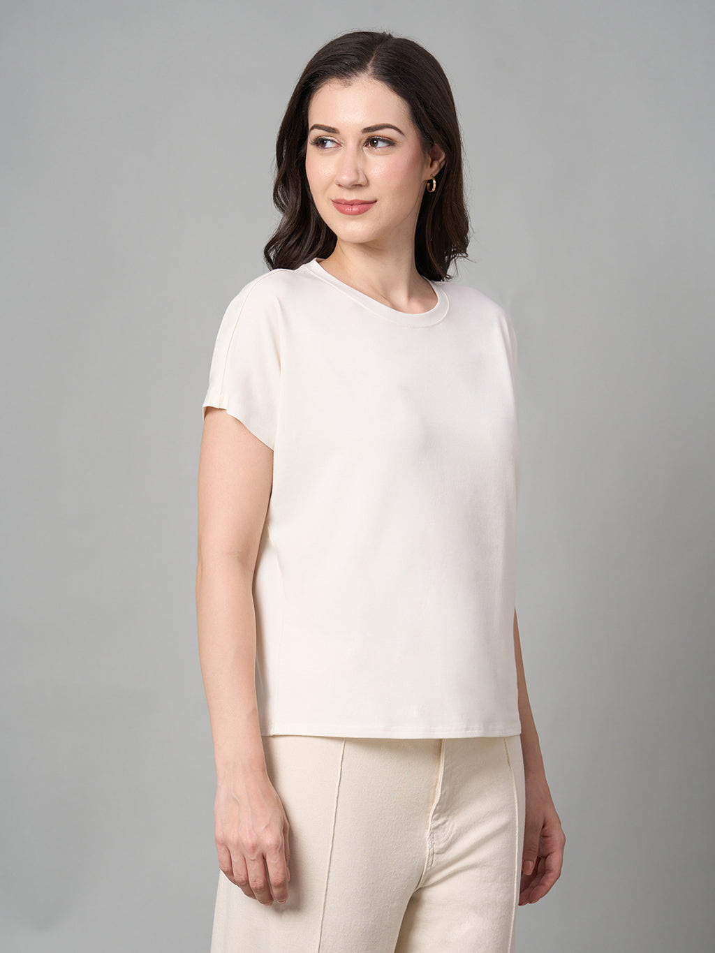 Women's White Cotton Bamboo Elastane Regular Fit Tshirt