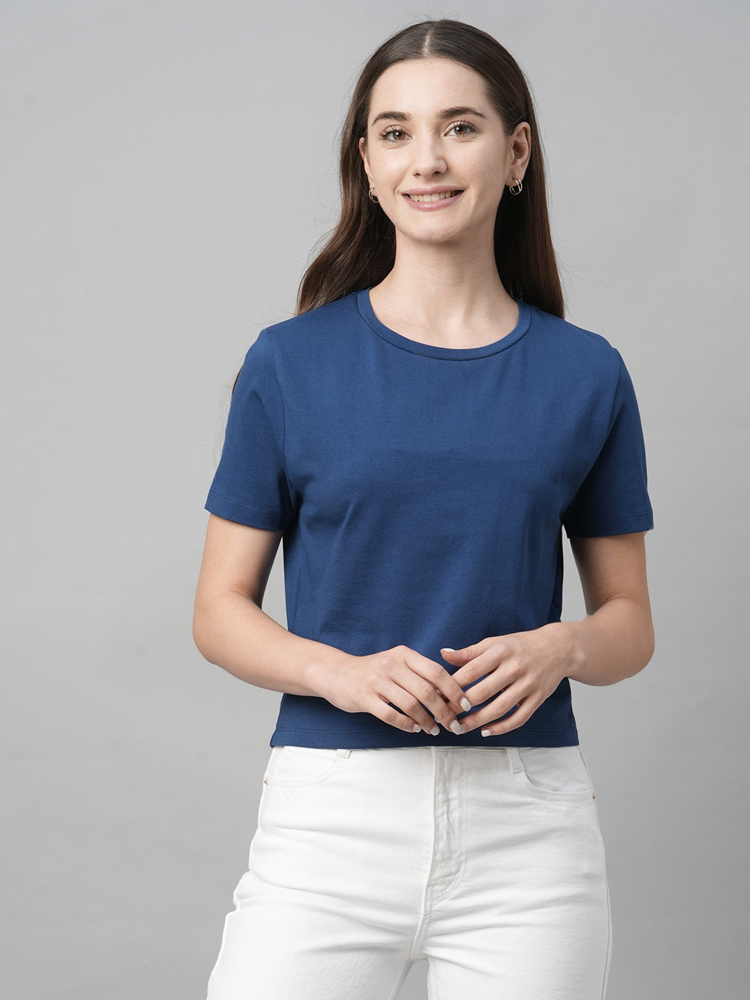 Women's Blue Cotton Elastane Regular Fit Tshirt