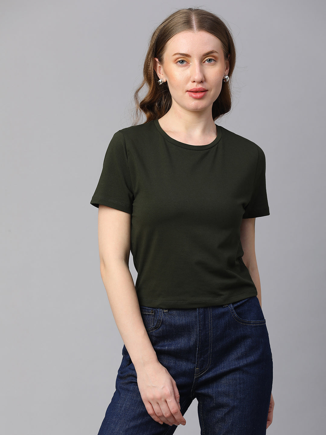 Women's Green Cotton Elastane Regular Fit Tshirt