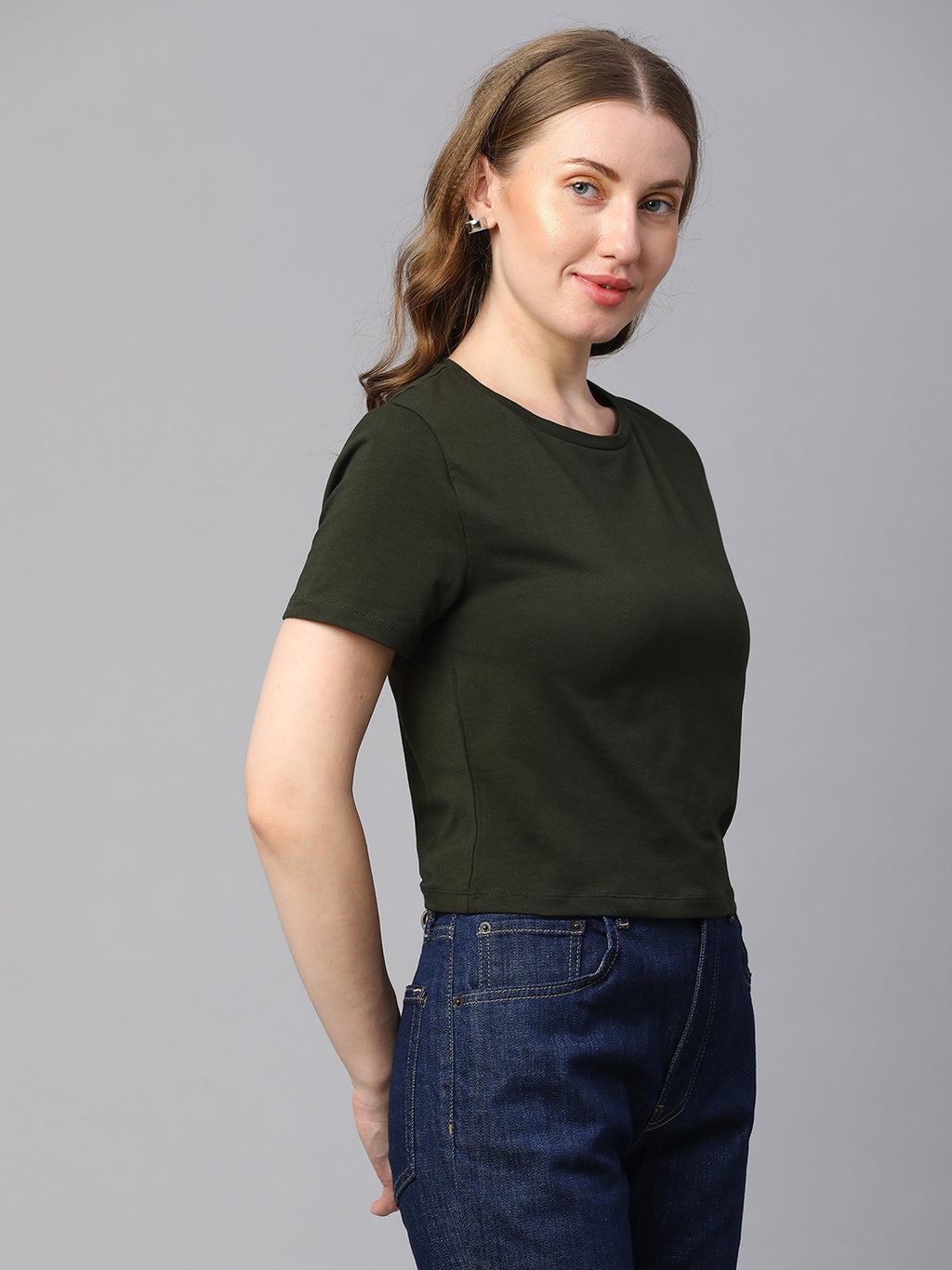 Women's Green Cotton Elastane Regular Fit Tshirt
