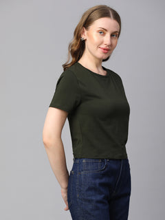 Women's Green Cotton Elastane Regular Fit Tshirt