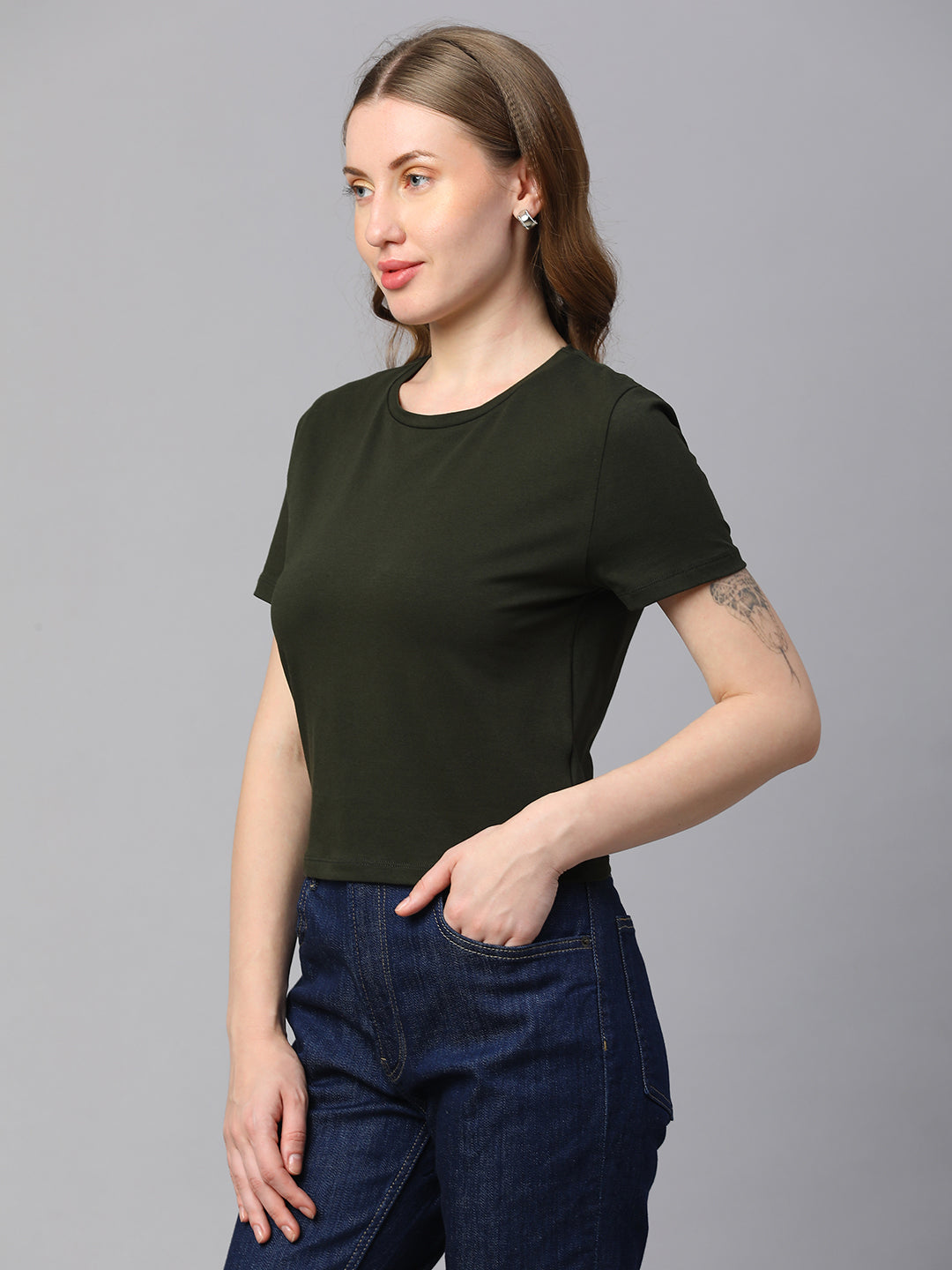 Women's Green Cotton Elastane Regular Fit Tshirt