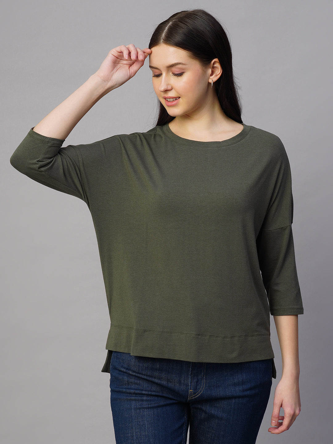 Women's Olive Cotton Bamboo Regular Fit Tshirt