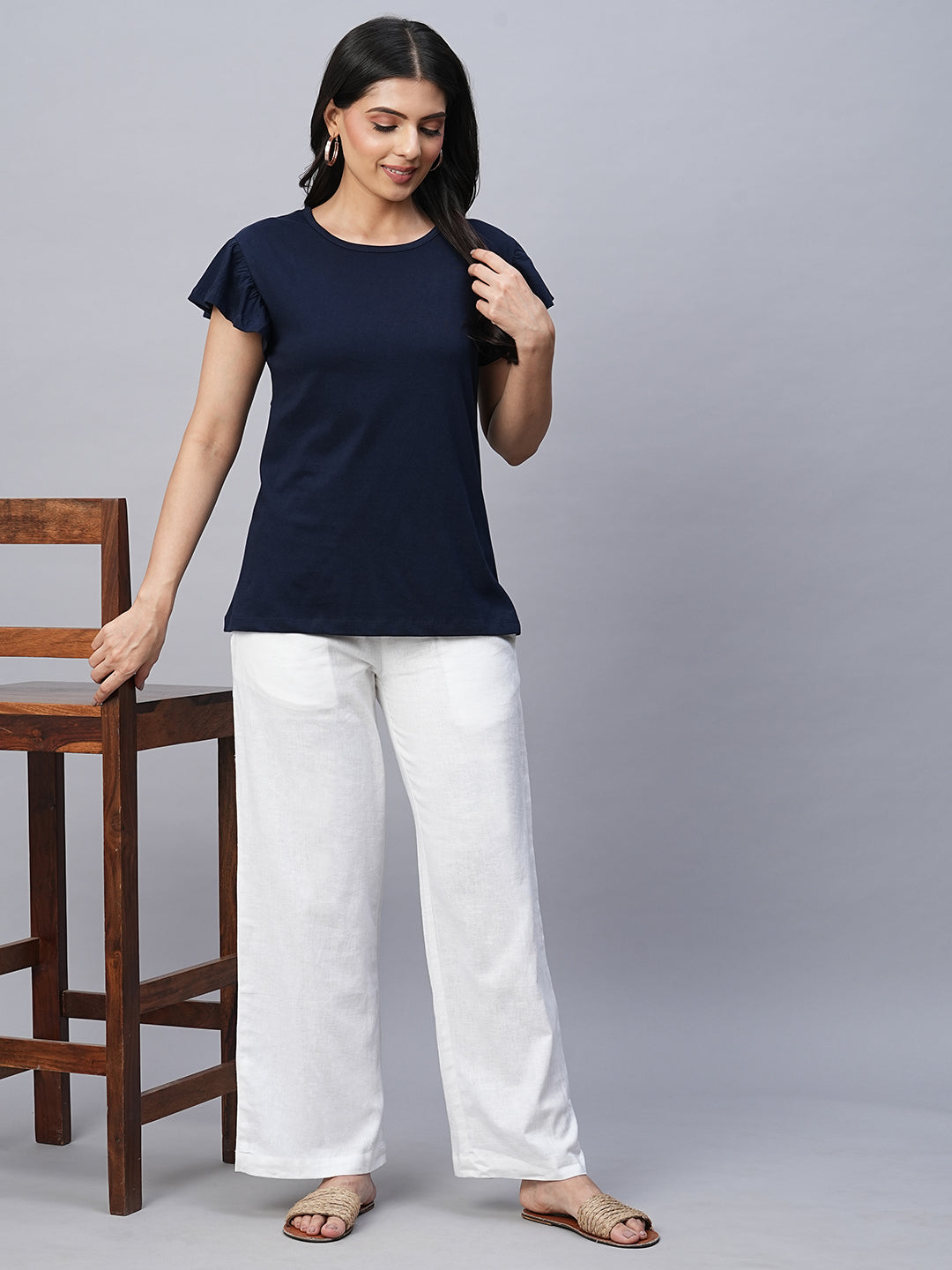 Women's Navy Cotton Regular Fit Tshirt