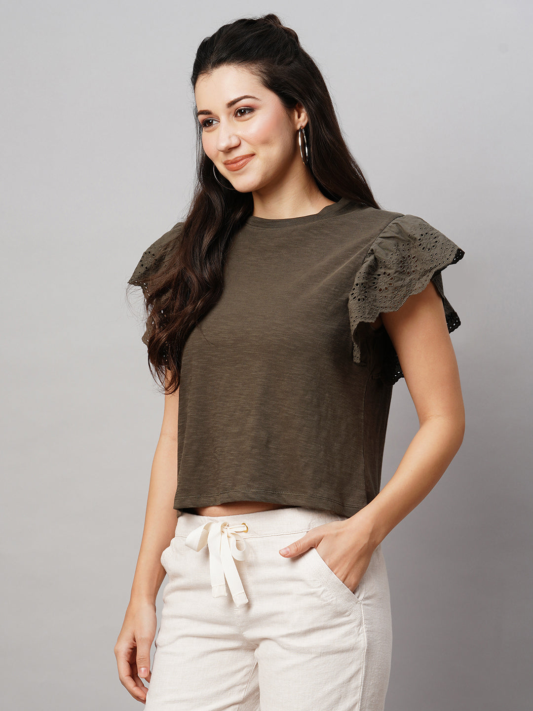 Women's Olive Cotton Regular Fit Tshirt
