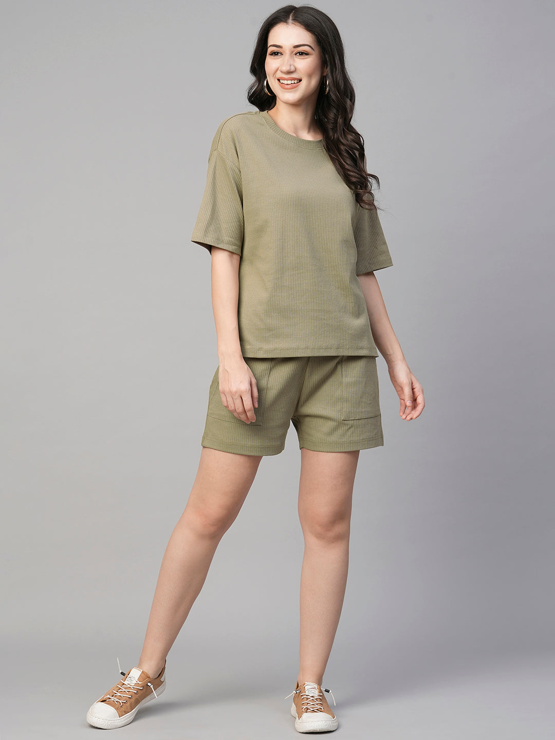 Women's Khaki Cotton Elastane Regular Fit Tshirt
