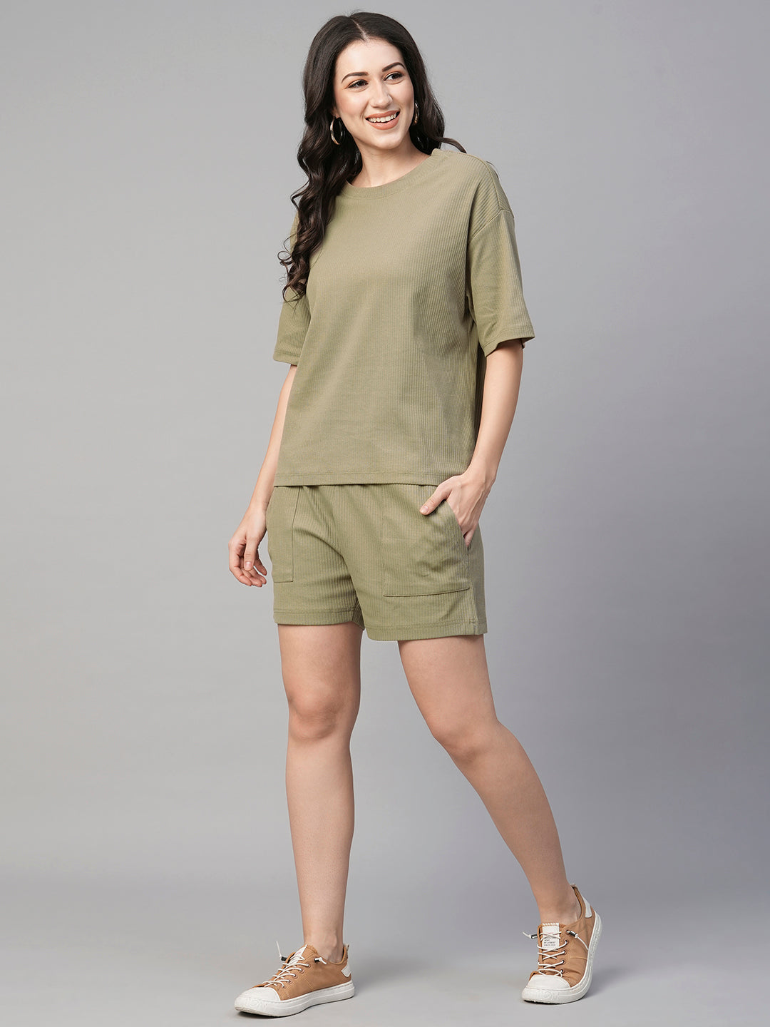 Women's Khaki Cotton Elastane Regular Fit Knit Shorts