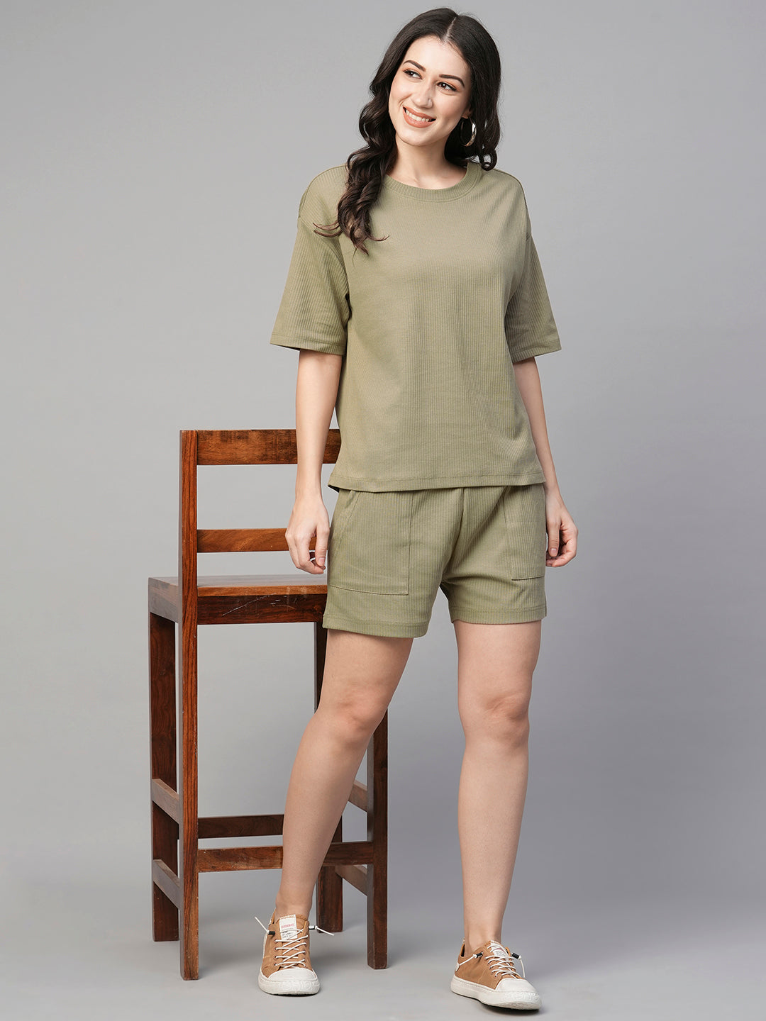 Women's Cotton Elastane Khaki Regular Fit Tshirt