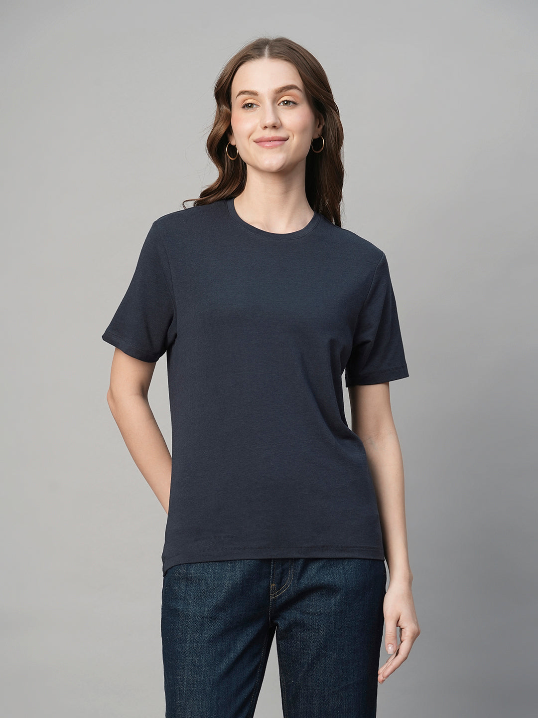 Women's Navy Cotton Bamboo Regular Fit Tshirt