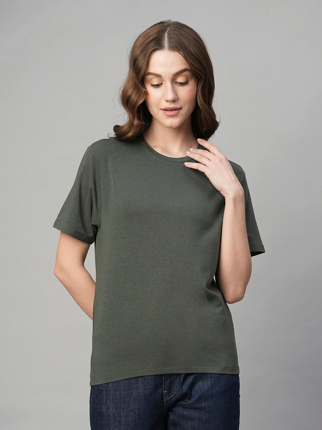 Women's Olive Cotton Bamboo Regular Fit Tshirt