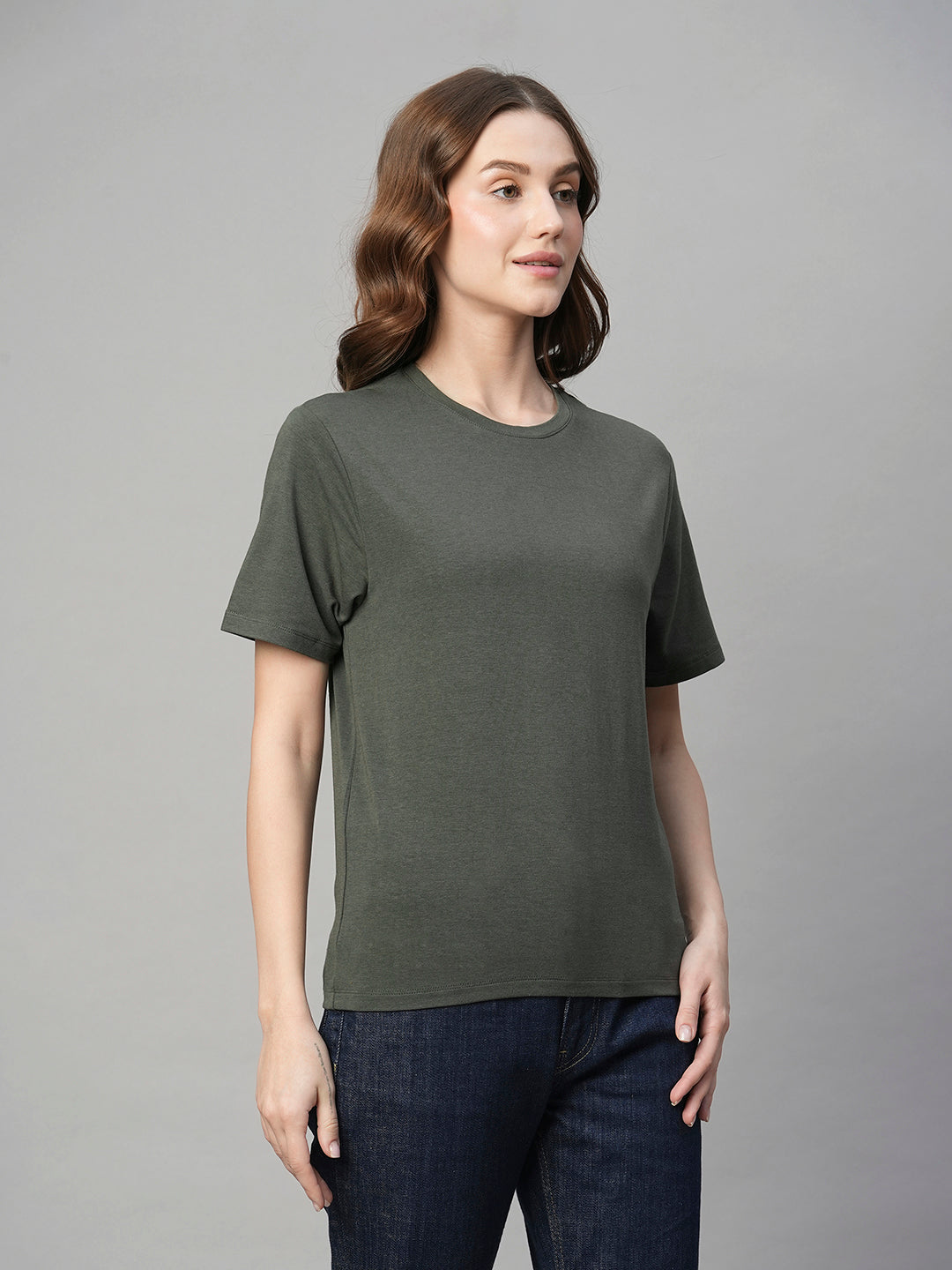 Women's Olive Cotton Bamboo Regular Fit Tshirt