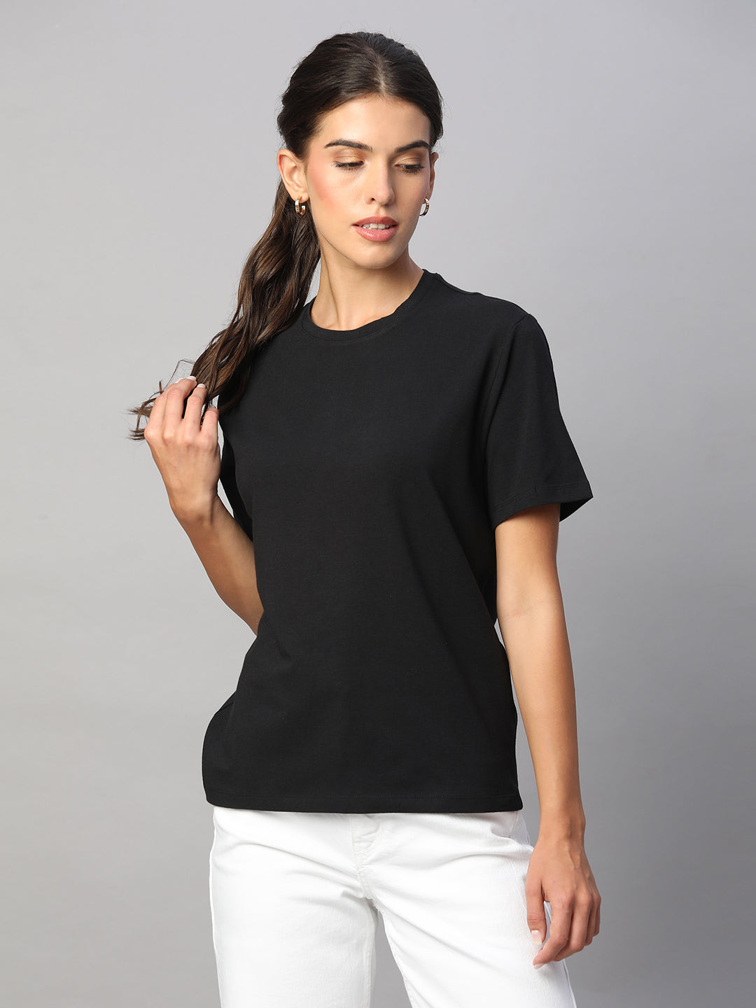 Women's Black Cotton Bamboo Elastane Regular Fit Tshirt