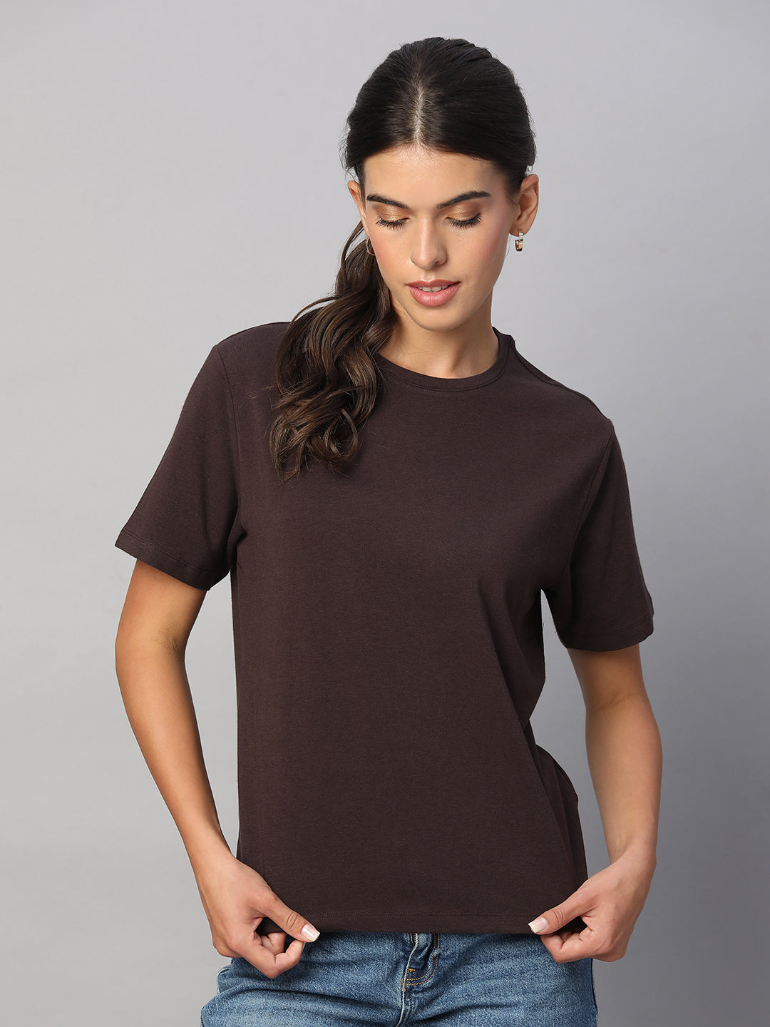 Women's Brown Cotton Bamboo Elastane Regular Fit Tshirt