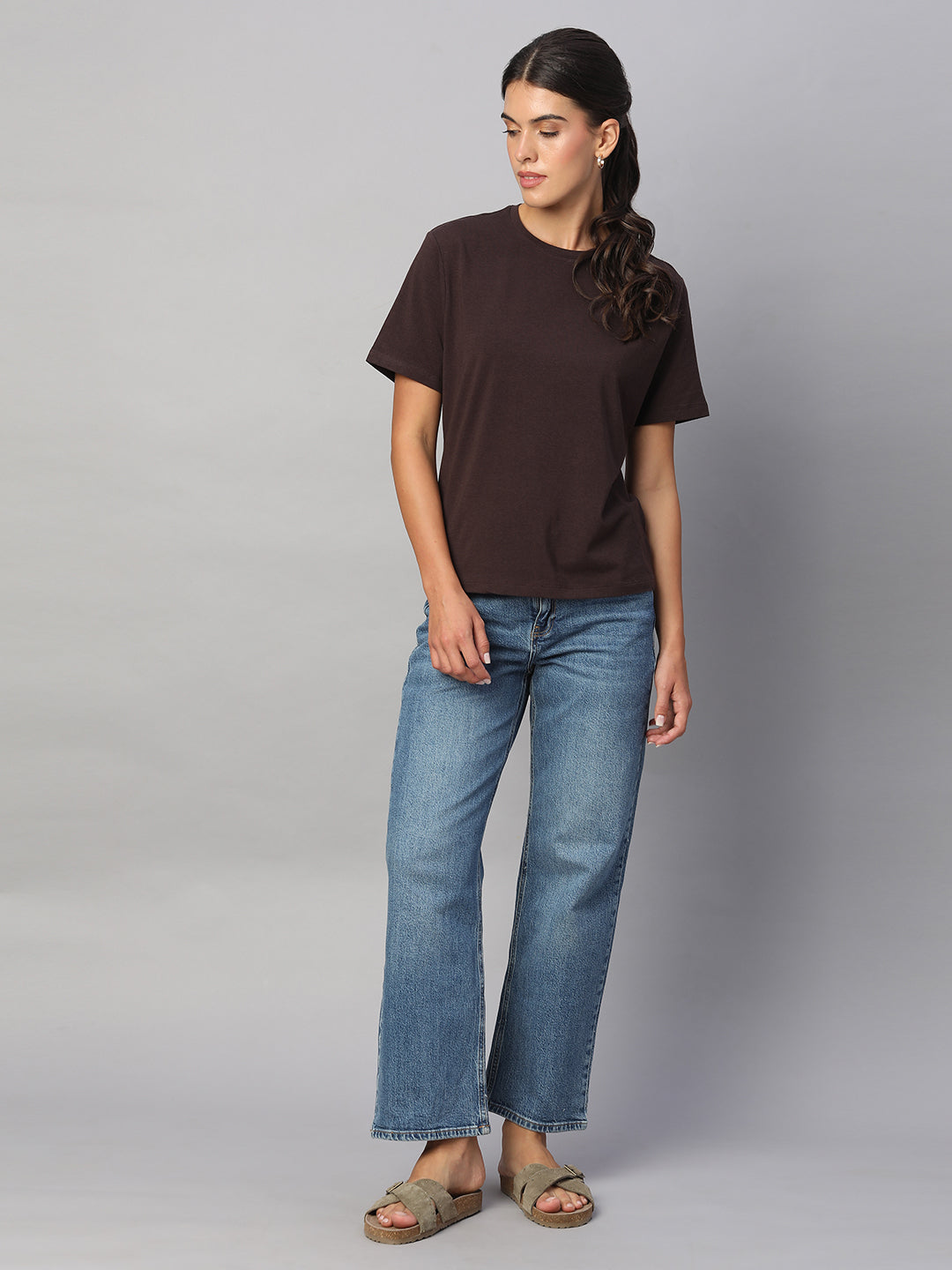 Women's Brown Cotton Bamboo Elastane Regular Fit Tshirt