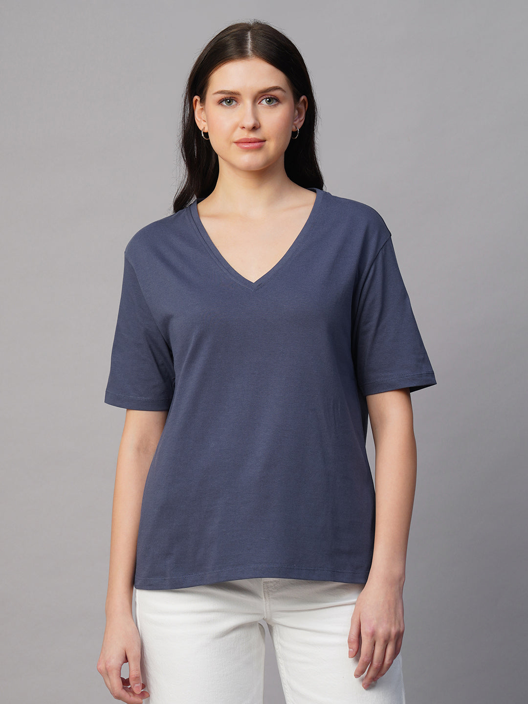 Women's Blue 100% Cotton Regular Fit Tshirt