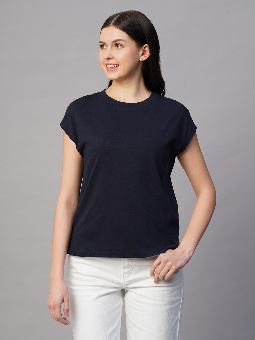 Women's Navy 100% Cotton Regular Fit Tshirt