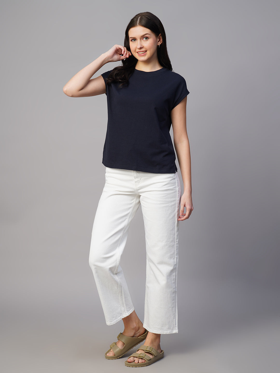 Women's Navy 100% Cotton Regular Fit Tshirt