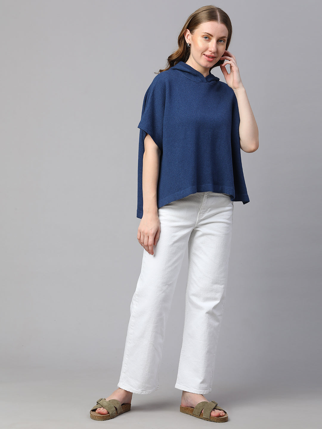 Women's Blue Melan Cotton Boxy Fit Tshirt