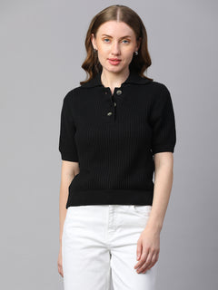Women’s Cotton Regular Fit Ribbed Polo T-Shirt Black