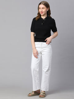 Women’s Cotton Regular Fit Ribbed Polo T-Shirt Black