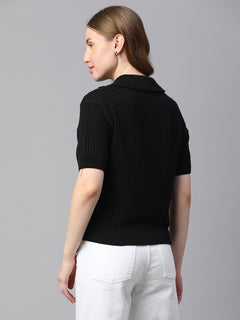 Women’s Cotton Regular Fit Ribbed Polo T-Shirt Black