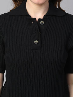 Women’s Cotton Regular Fit Ribbed Polo T-Shirt Black