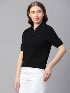 Women’s Cotton Regular Fit Ribbed Polo T-Shirt Black