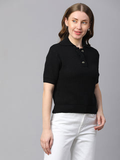Women’s Cotton Regular Fit Ribbed Polo T-Shirt Black