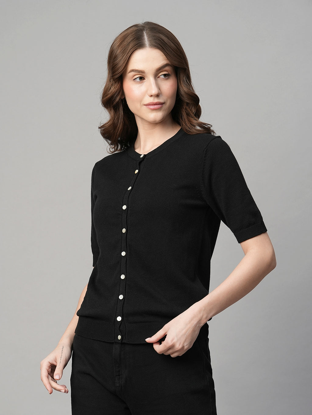 Women's Black Cotton Viscose Regular Fit Tshirt