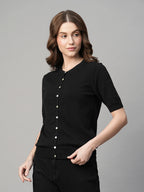 Women's Black Cotton Viscose Regular Fit Tshirt