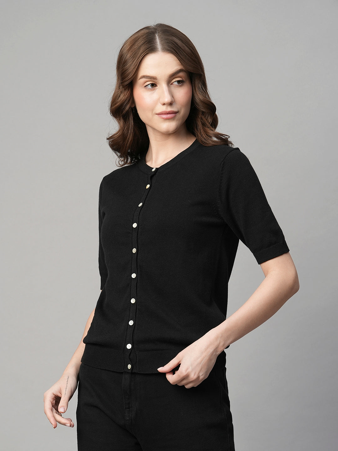 Women's Black Cotton Viscose Regular Fit Tshirt