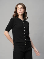 Women's Black Cotton Viscose Regular Fit Tshirt