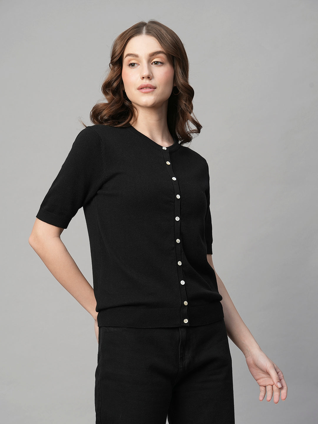 Women's Black Cotton Viscose Regular Fit Tshirt