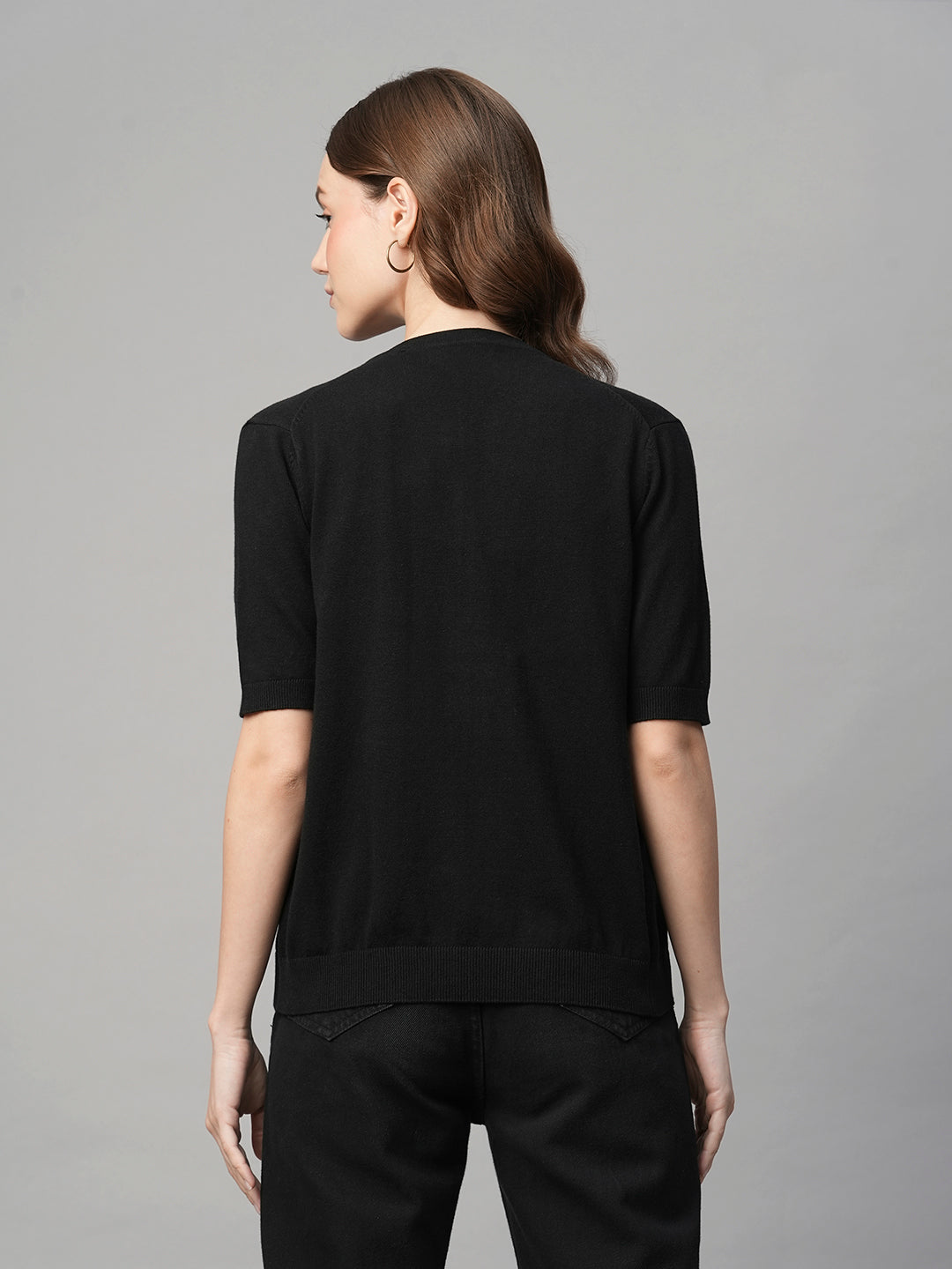 Women's Black Cotton Viscose Regular Fit Tshirt