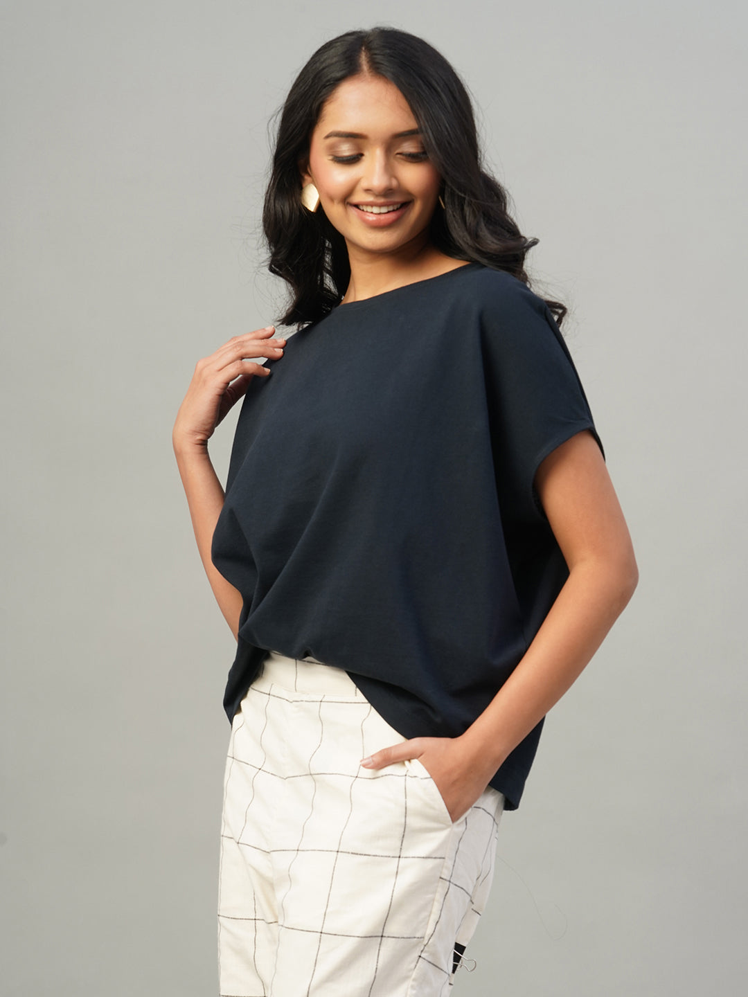 Women's Navy 100% Cotton Loose Fit Tshirt