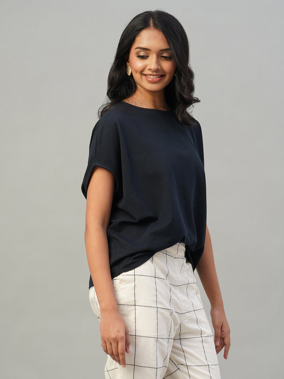 Women's Navy 100% Cotton Loose Fit Tshirt