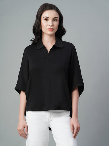 Women's Black 100% Cotton Regular Fit Tshirt