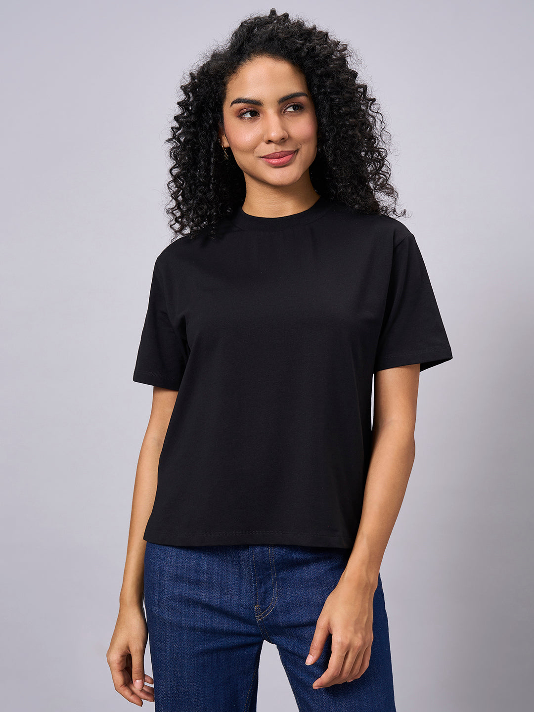 Women's Black Cotton Elastane Regular Fit Tshirt