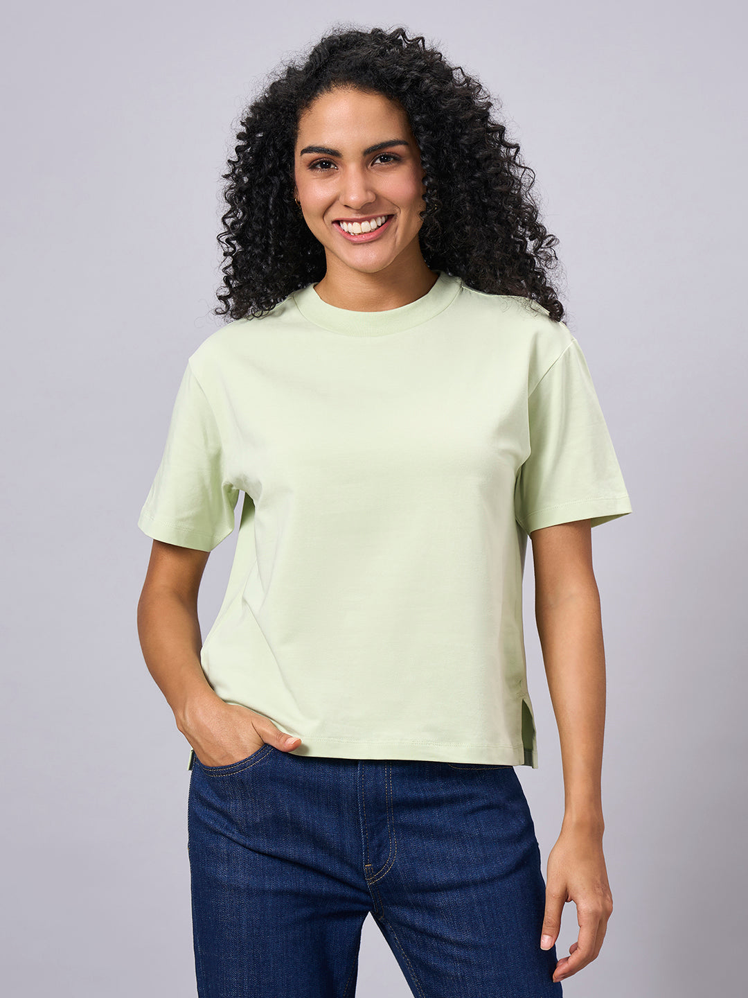Women's Green Cotton Elastane Regular Fit Tshirt