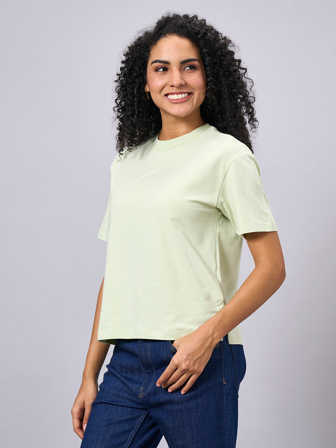 Women's Green Cotton Elastane Regular Fit Tshirt