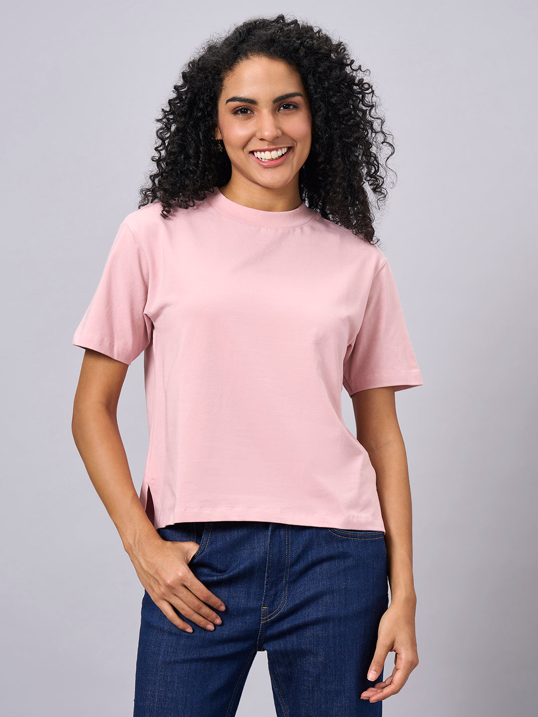 Women's Pink Cotton Elastane Regular Fit Tshirt