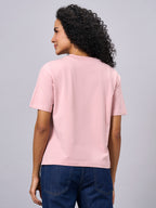 Women's Pink Cotton Elastane Regular Fit Tshirt