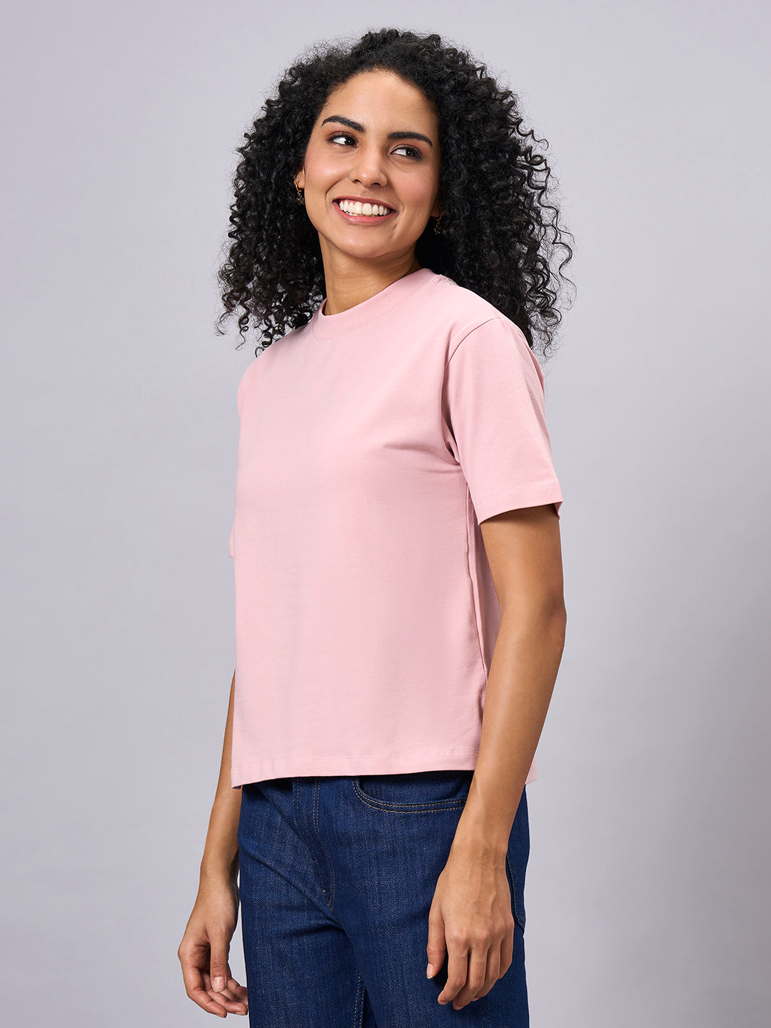 Women's Pink Cotton Elastane Regular Fit Tshirt