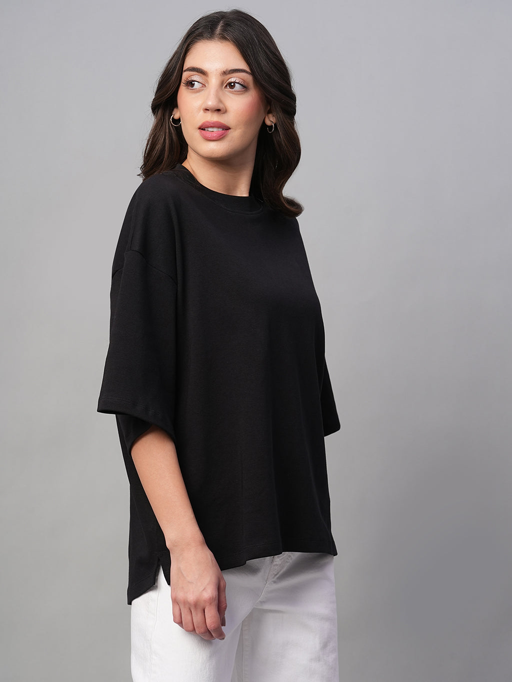 Women's Black 100% Cotton Loose Fit Tshirt