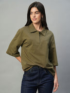 Women's Dark Brown Cotton Elastane Regular Fit Tshirt